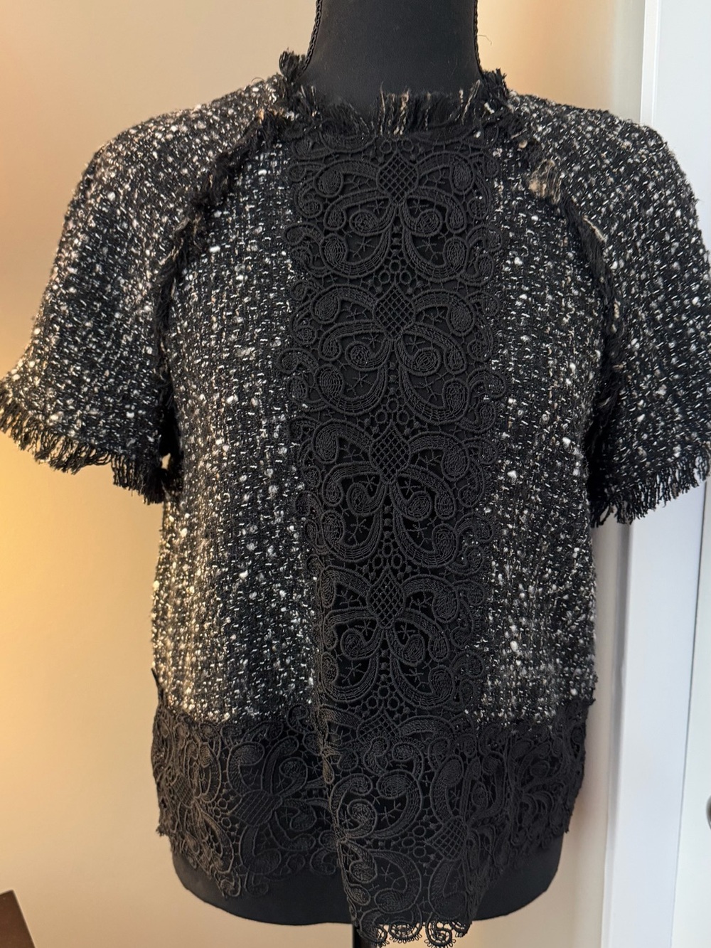Zara Woman Black Tweed Lace-Trim Short Sleeve Top